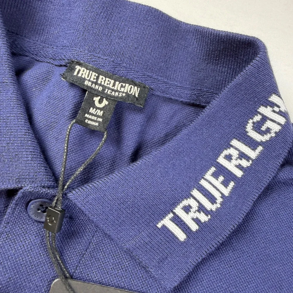 True Religion Polo Shirt Mens M Blue Branded Collar SS Polo Style 106602 NWT